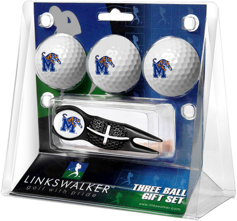 Memphis Tigers Regulation Size 3 Golf Ball Gift Pack with Crosshair Divot Tool (Black)