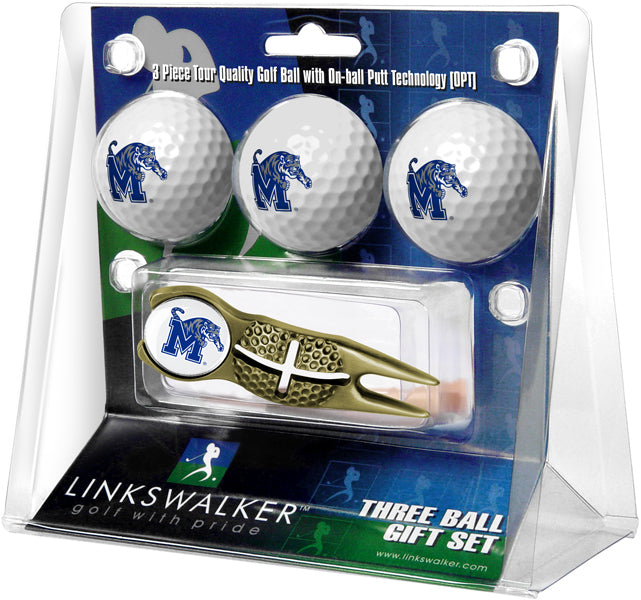 Memphis Tigers - Gold Crosshair Divot Tool 3 Ball Gift Pack - Linkswalkerdirect