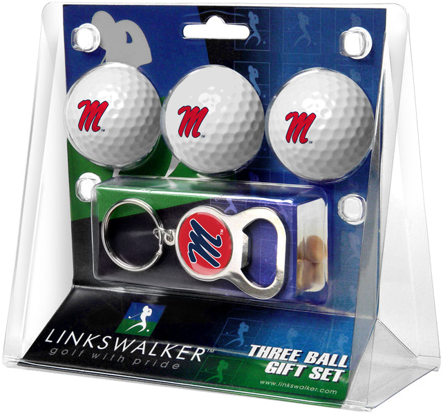 Mississippi Rebels - Ole Miss Regulation Size 3 Golf Ball Gift Pack with Keychain Bottle Opener