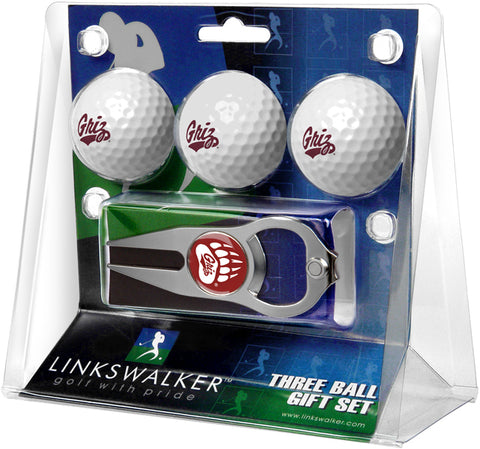 Montana Grizzlies Regulation Size 3 Golf Ball Gift Pack with Hat Trick Divot Tool (Silver)