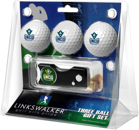 North Carolina Wilmington Seahawks Regulation Size 3 Golf Ball Gift Pack with Spring Action Divot Tool
