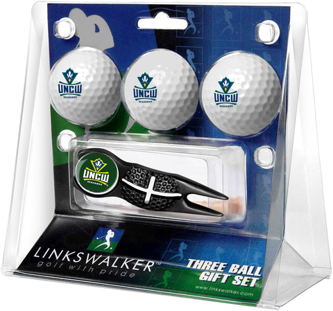 North Carolina Wilmington Seahawks Regulation Size 3 Golf Ball Gift Pack with Crosshair Divot Tool (Black)