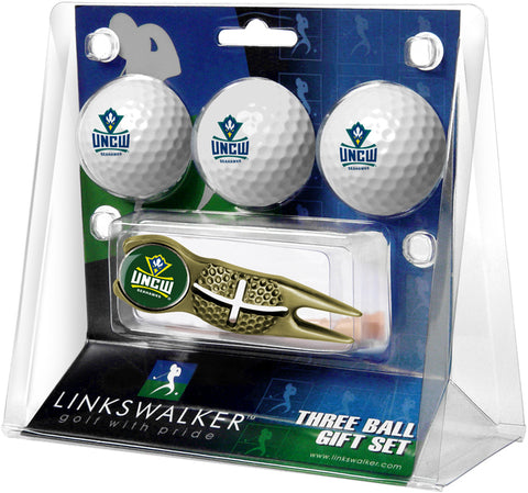 North Carolina Wilmington Seahawks Regulation Size 3 Golf Ball Gift Pack with Crosshair Divot Tool (Gold)