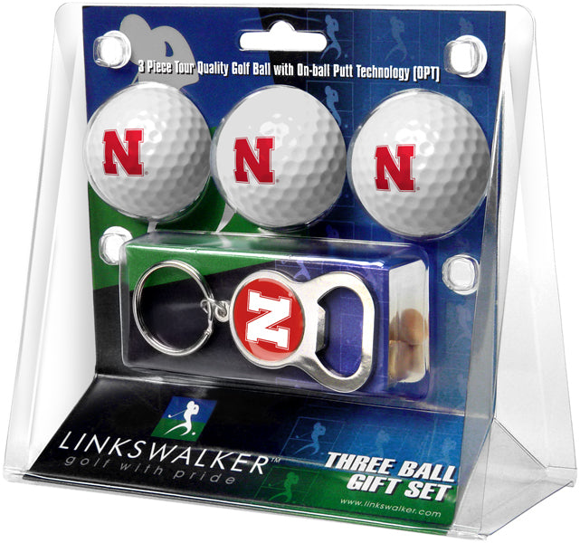 Nebraska Cornhuskers - 3 Ball Gift Pack with Key Chain Bottle Opener