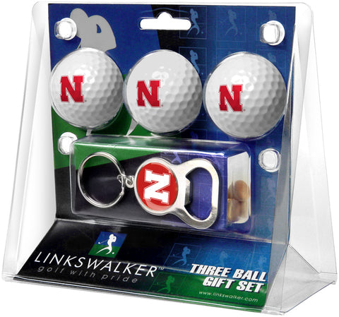 Nebraska Cornhuskers Regulation Size 3 Golf Ball Gift Pack with Keychain Bottle Opener