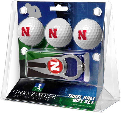 Nebraska Cornhuskers Regulation Size 3 Golf Ball Gift Pack with Hat Trick Divot Tool (Silver)