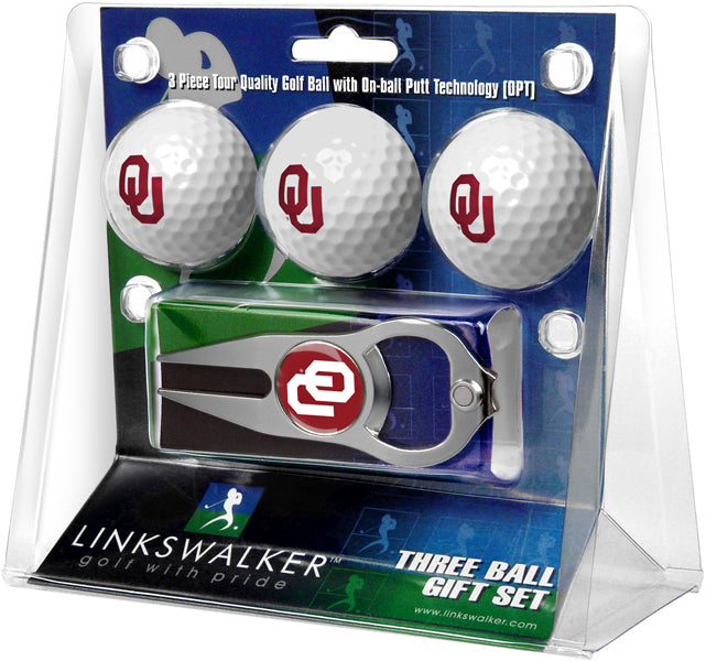 Oklahoma Sooners - 3 Ball Gift Pack with Hat Trick Divot Tool