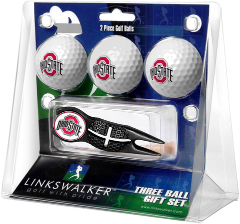 Ohio State Buckeyes Regulation Size 3 Golf Ball Gift Pack with Crosshair Divot Tool (Black)