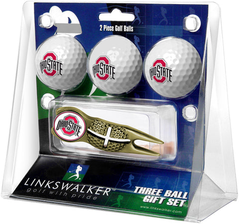 Ohio State Buckeyes Regulation Size 3 Golf Ball Gift Pack with Crosshair Divot Tool (Gold)