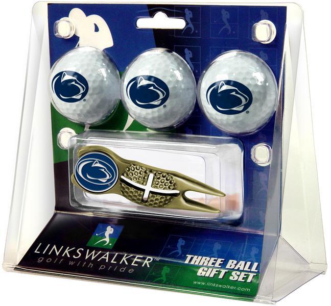 Penn State Nittany Lions - Gold Crosshair Divot Tool 3 Ball Gift Pack - Linkswalkerdirect