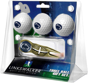 Penn State Nittany Lions Regulation Size 3 Golf Ball Gift Pack with Crosshair Divot Tool (Gold)