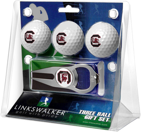 South Carolina Gamecocks Regulation Size 3 Golf Ball Gift Pack with Hat Trick Divot Tool (Silver)