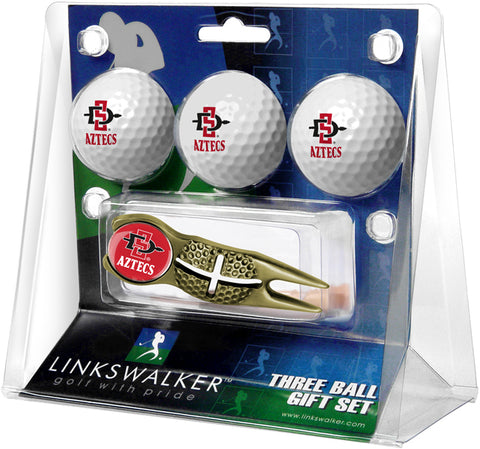 San Diego State Aztecs Regulation Size 3 Golf Ball Gift Pack with Crosshair Divot Tool (Gold)