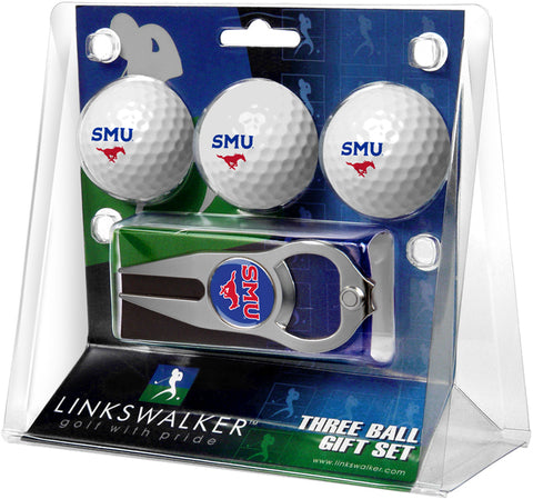 Southern Methodist University Mustangs Regulation Size 3 Golf Ball Gift Pack with Hat Trick Divot Tool (Silver)