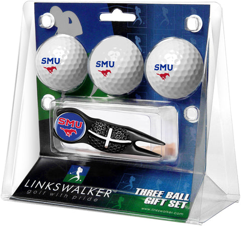 Southern Methodist University Mustangs Regulation Size 3 Golf Ball Gift Pack with Crosshair Divot Tool (Black)