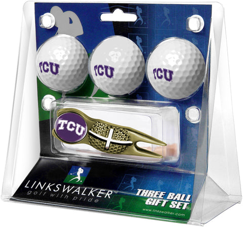 Texas Christian Horned Frogs Regulation Size 3 Golf Ball Gift Pack with Crosshair Divot Tool (Gold)