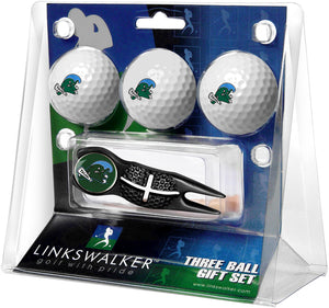 Tulane University Green Wave Regulation Size 3 Golf Ball Gift Pack with Crosshair Divot Tool (Black)