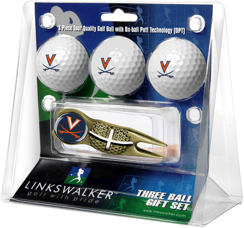 Virginia Cavaliers - Gold Crosshair Divot Tool 3 Ball Gift Pack - Linkswalkerdirect