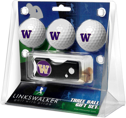 Washington Huskies Regulation Size 3 Golf Ball Gift Pack with Spring Action Divot Tool