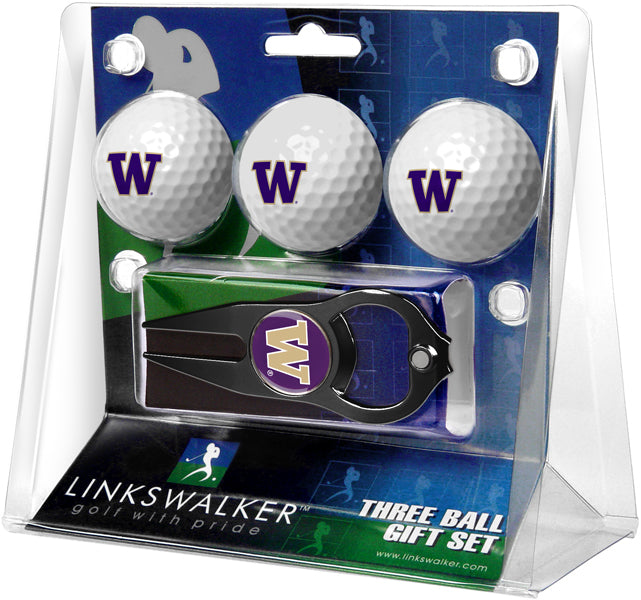 Washington Huskies Regulation Size 3 Golf Ball Gift Pack with Hat Trick Divot Tool (Black)