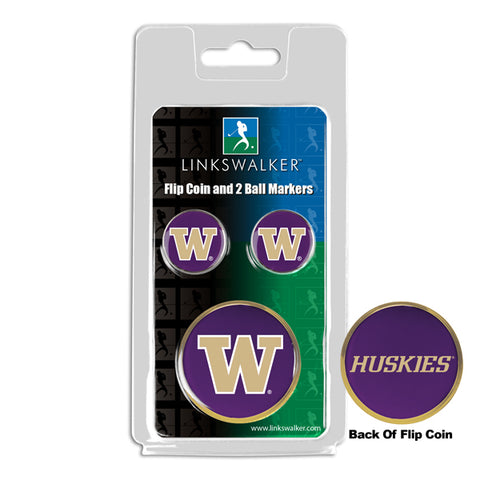 Washington Huskies - Flip Coin and 2 Golf Ball Marker Pack