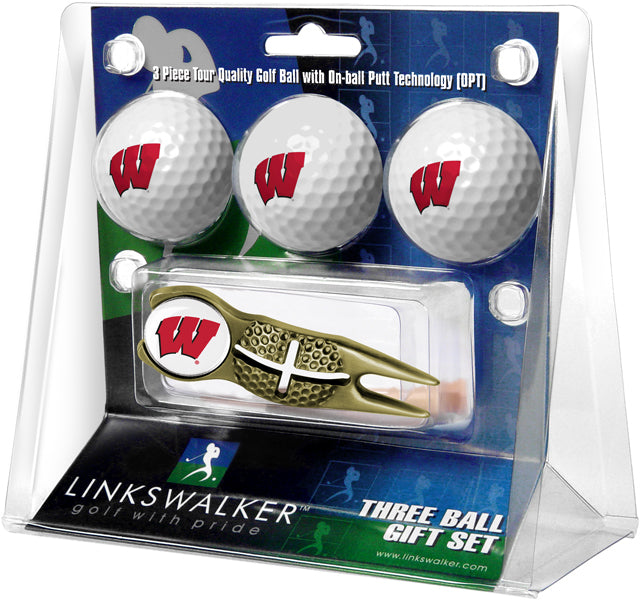 Wisconsin Badgers - Gold Crosshair Divot Tool 3 Ball Gift Pack - Linkswalkerdirect